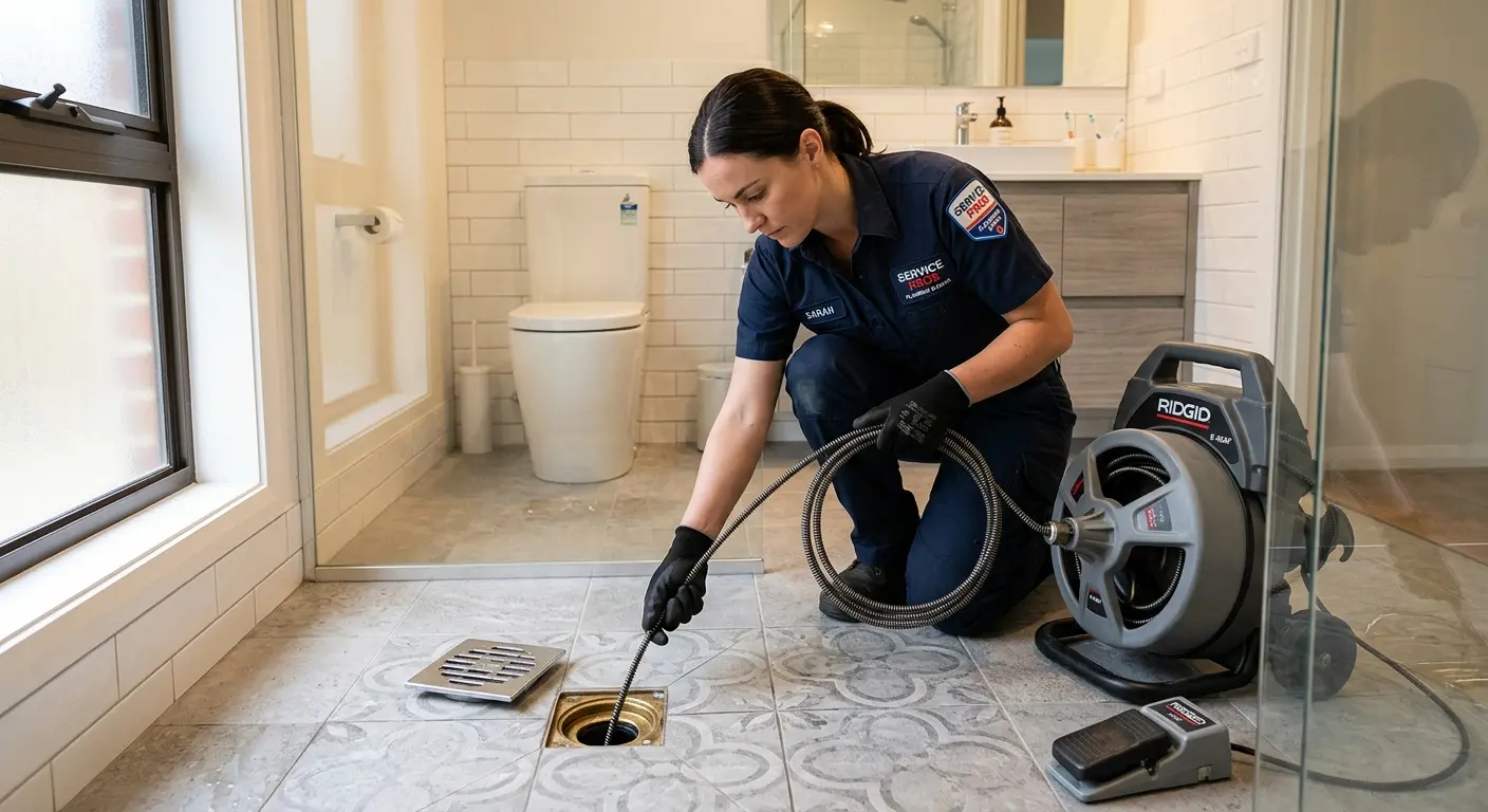 Technician clearing a bathroom floor drain for Sewer Line Installation in Plymouth